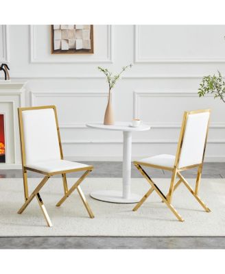 2-Pack Gold Metal Framed White PU Dining Chairs with Ergonomic Design