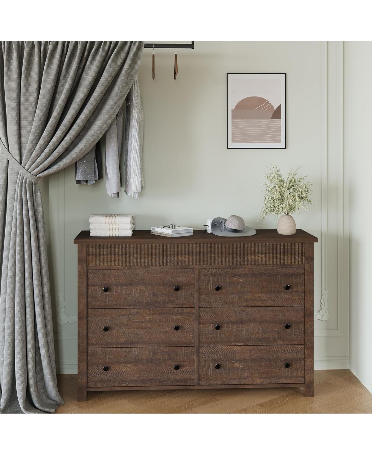 gaomon 6 Drawer Wooden Fluted Storage Dresser Chest and Tv Stand