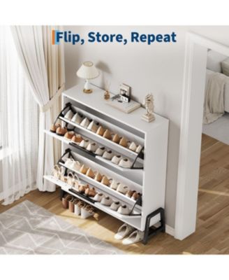 2 Drawer Wooden Flip Door Narrow Shoe Storage Cabinet with Adjustable Shelf and Metal Legs