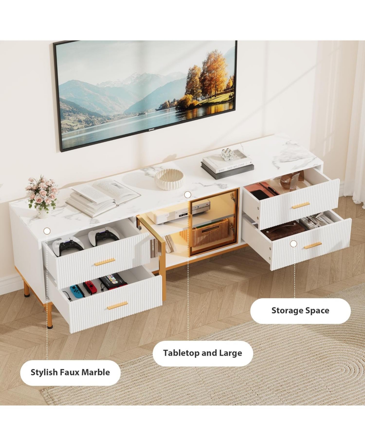 gaomon Tv Stand with Led Lights, Modern Entertainment Center 4 Drawers & Shelves Glass Doors, Console Table for