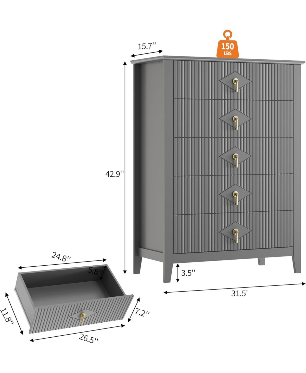 Gaomon 5 Drawer Bedroom Dresser, a 32-inch wide modern chest with metal handles, doubles as a Tv stand and wooden storage organizer for your bedroom