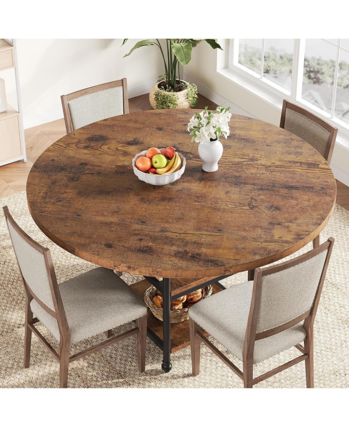 gaomon Round Dining Table with 1.59-Inch-Thick Board Kitchen Table Dinner Table with Storage Shelves and Roman Metal Legs for Dining Room Kitchen