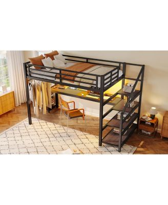 Twin XL Loft Bed with Desk, Storage Stairs, LED Lights & USB Ports