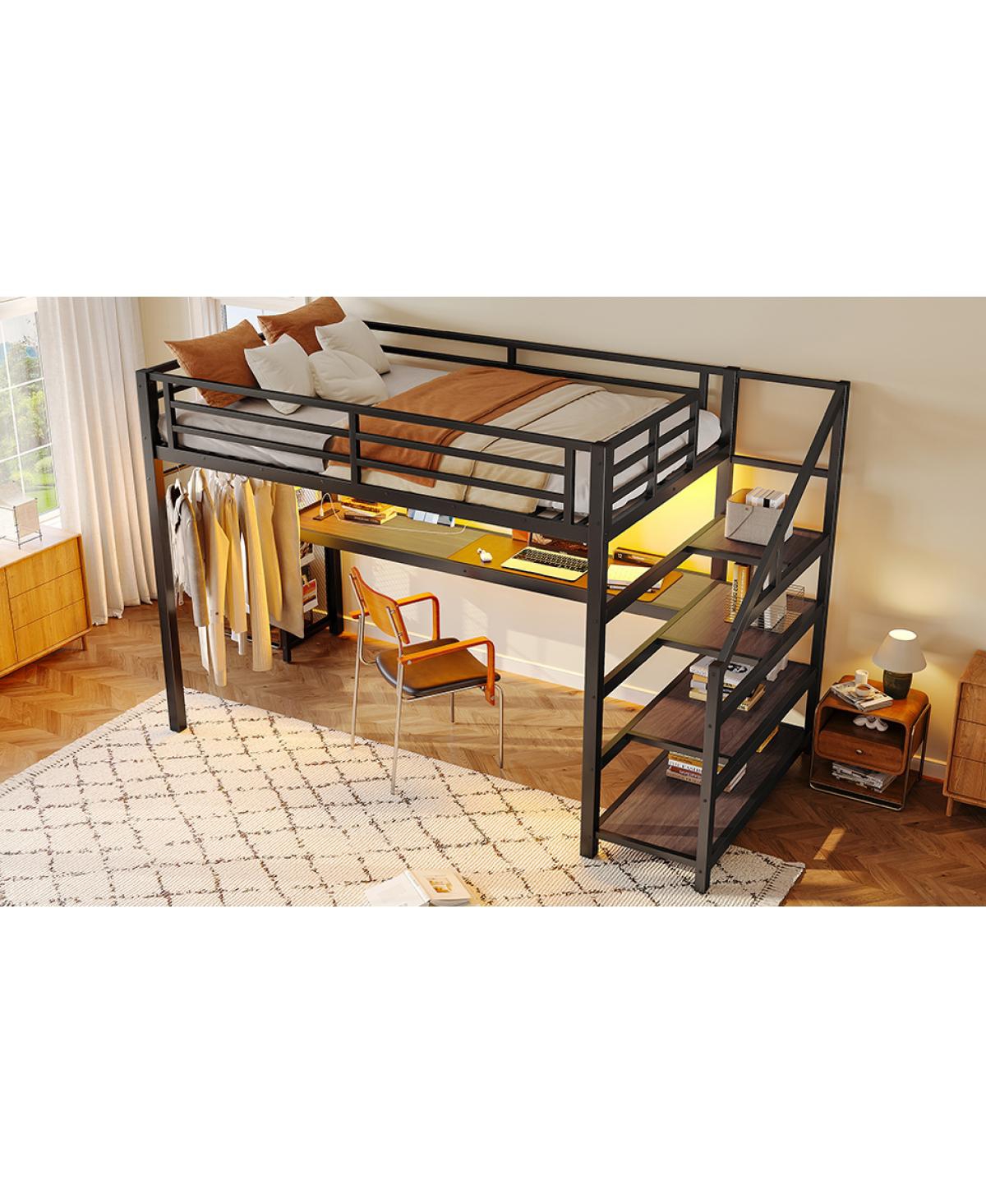 Streamdale Furniture Twin Xl Loft Bed with Desk, Storage Stairs, Led Lights & Usb Ports