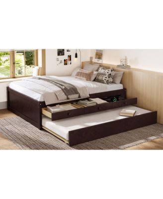 Full Platform Bed with Trundle, 2 Drawers, Solid Wood, Espresso