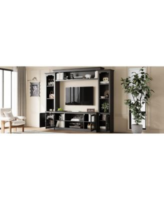 Modern TV Stand with Bookcase for TVs Up to 65-inch, 4 Shelves, Glass Doors