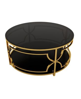 Streamdale Round Tempered Glass Coffee Table, 30.7", Gold Geometric Metal Frame, Shelf