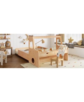 Full Size Car-Shape Floor Bed with Storage, Window, and Desk