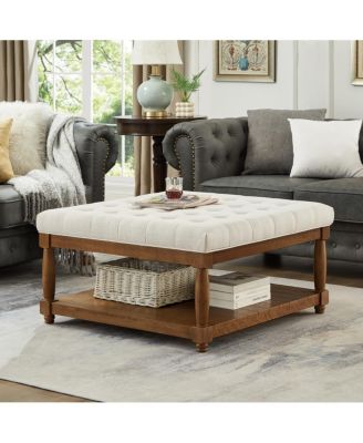  Large Square Tufted Linen Ottoman Coffee Table with Solid Wood Shelf