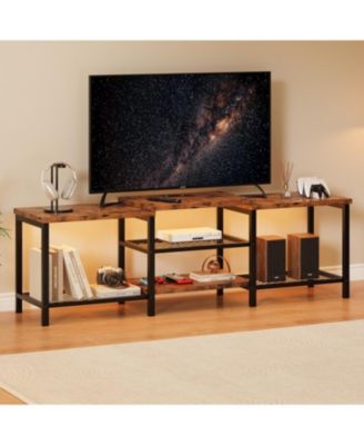75 Inch Wooden LED Entertainment TV Stand with Power Outlet and Open Storage Shelves