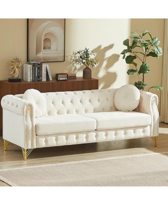 Velvet Chesterfield Sofa with Pillows & Studs, Metal Legs.
