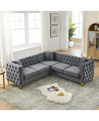 Velvet L-Shaped Sectional Couch, 5-Seater Corner Sofa with 3 Cushions
