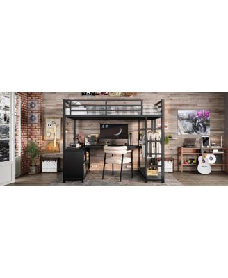 Metal Loft Bed with Wardrobe, L-shaped Desk & Storage, Black