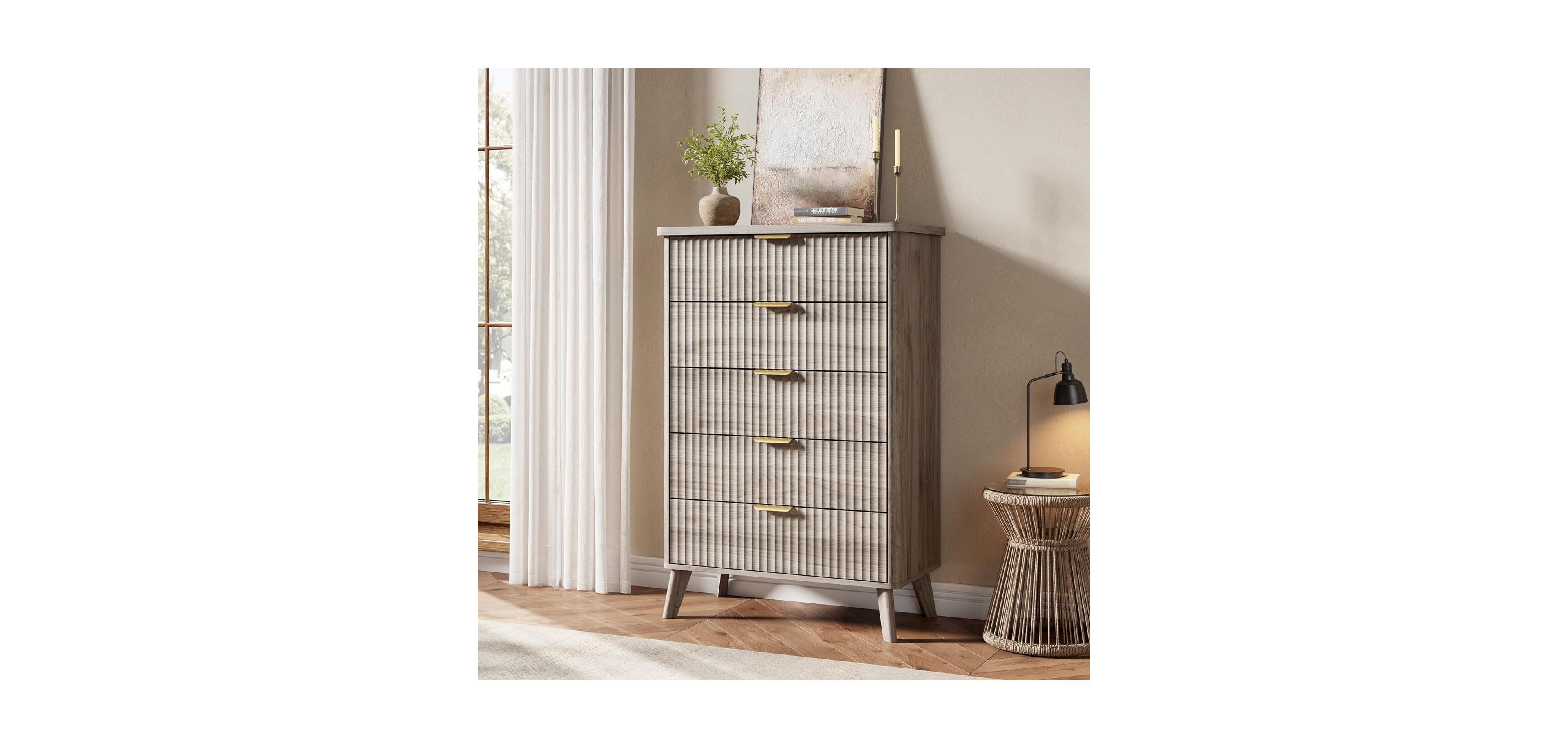 gaomon Fluted Dresser for Bedroom with 5 Deep Drawers, 47.2 in Tall Chest of Drawers, Curved Profile Design, Modern Wooden Dresser, for Living Room