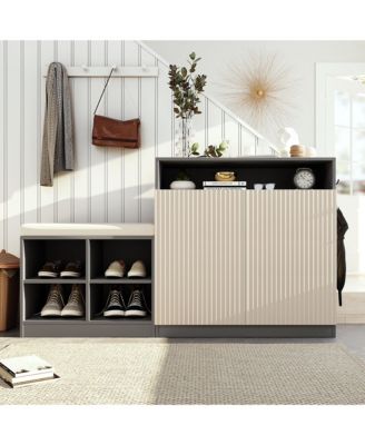Entryway Bench Shoe Cabinet with Adjustable Shelves and Hooks