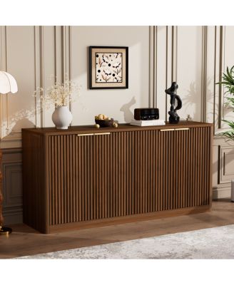59-inch Modern Wavy Sideboard, Curved Contour 4-Door Storage Cabinet, Walnut
