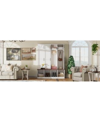 Farmhouse Hall Tree with Hidden Hooks & 8-Door Bench