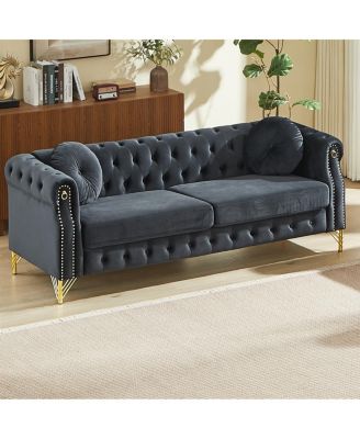 Velvet Chesterfield Sofa with Pillows & Studs, Metal Legs