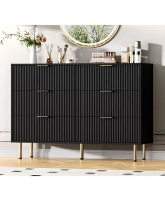 "47" wide modern 6 drawer fluted dresser with metal handles—wood chest for bedroom or living room."