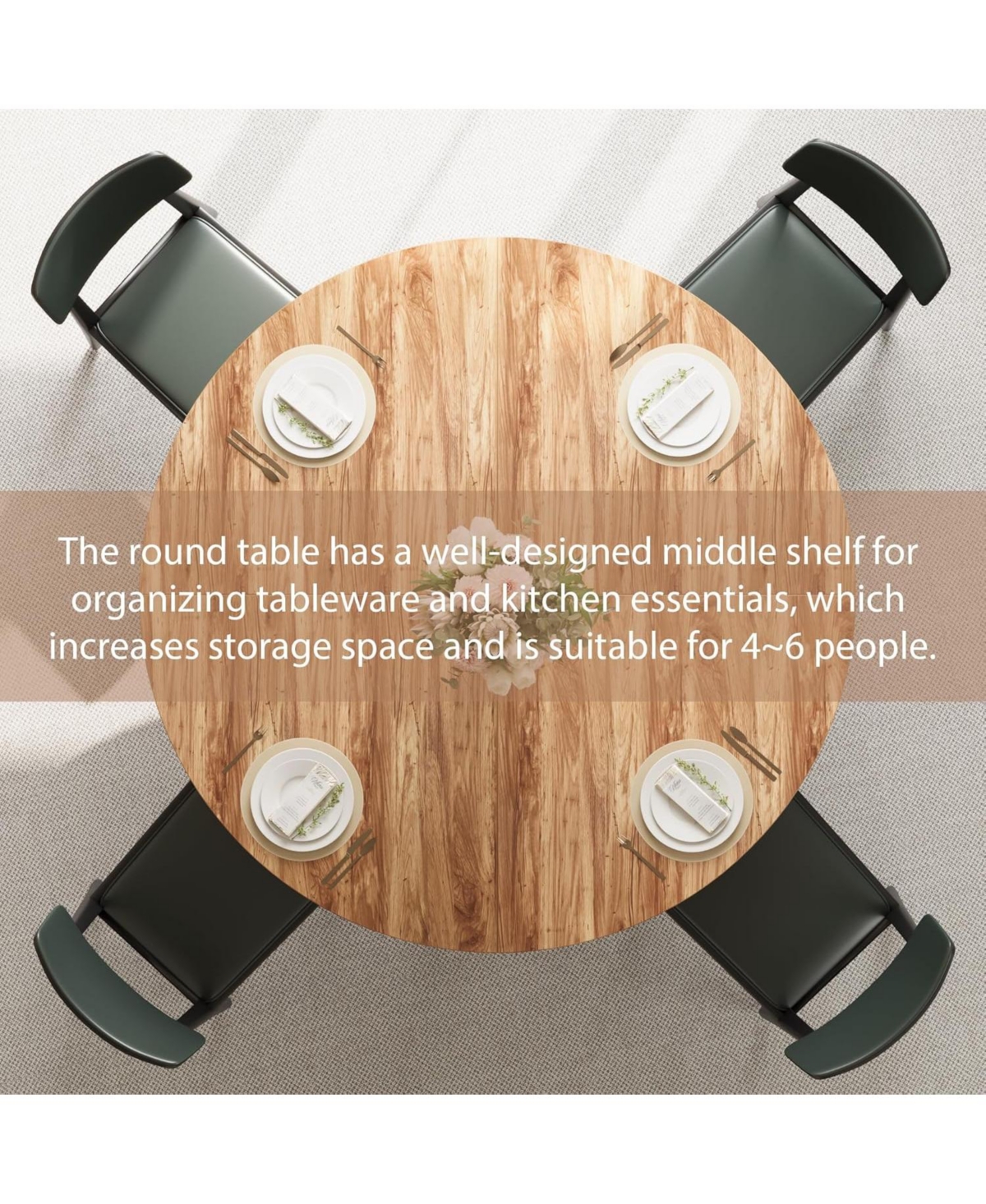 gaomon Round Dining Table for 4-6 47.2 Inch Farmhouse Kitchen Table with Storage Circle Dinner Tables for Kitchen Dining Room Living Room