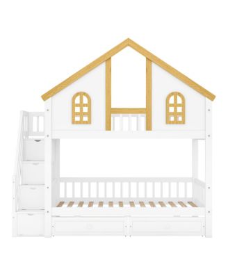 Twin Size Wooden House Bunk Bed with Window, Door, Roof, Drawers & Stairs