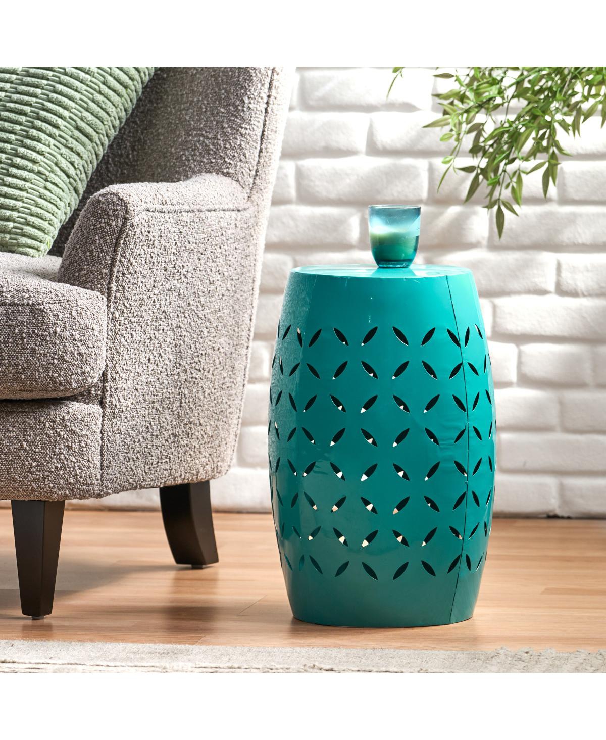 Streamdale Furniture Sculptural Barrel Side Table with Laser-Cut Floral Motifs