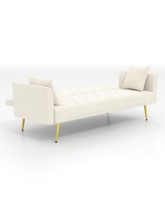Modern 72" foldable sleeper sofa, beige velvet, retro style.