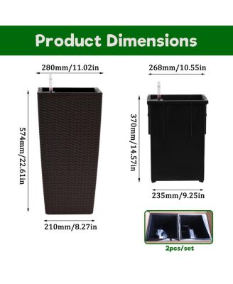  Pack of 2 Square Planter 22-Inch Faux Rattan Flower Pot with Auto Watering