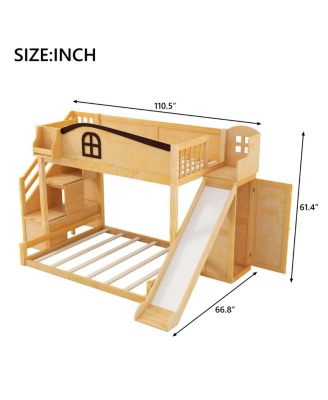 Twin over Full Bunk Bed with Storage Stairs, Shelf, Slide & Wardrobe