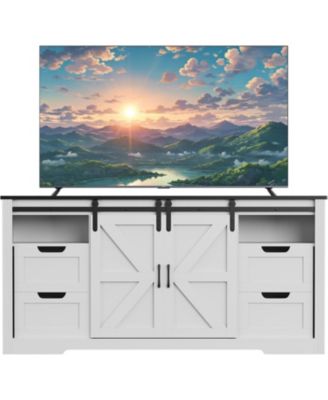 Farmhouse TV Stand for Up to 70 in TVs, 66 in Entertainment Center w/4 Drawers & Sliding Barn Door