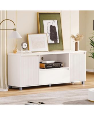 Fluted TV Stand, White TV Entertainment Center for 60/65/70 in TV, Modern TV Console with Drawer and 2 Cabinets