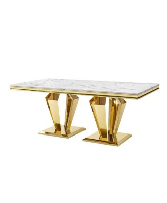 MDF Marble Top Dining Table for 6, White/Gold 66.9" Stainless Steel Base