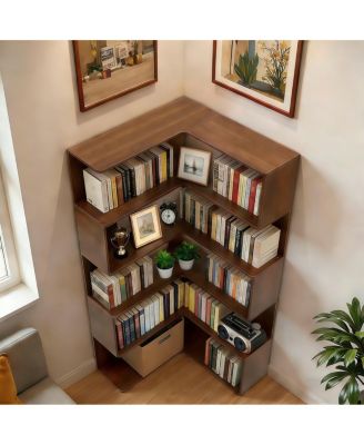 6 Tier L-Shaped Bookshelf, 66" Tall Walnut Open Display Shelf