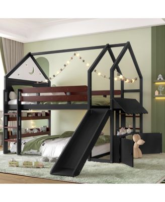Loft Bed with Bookshelf, House-Shaped with Slide