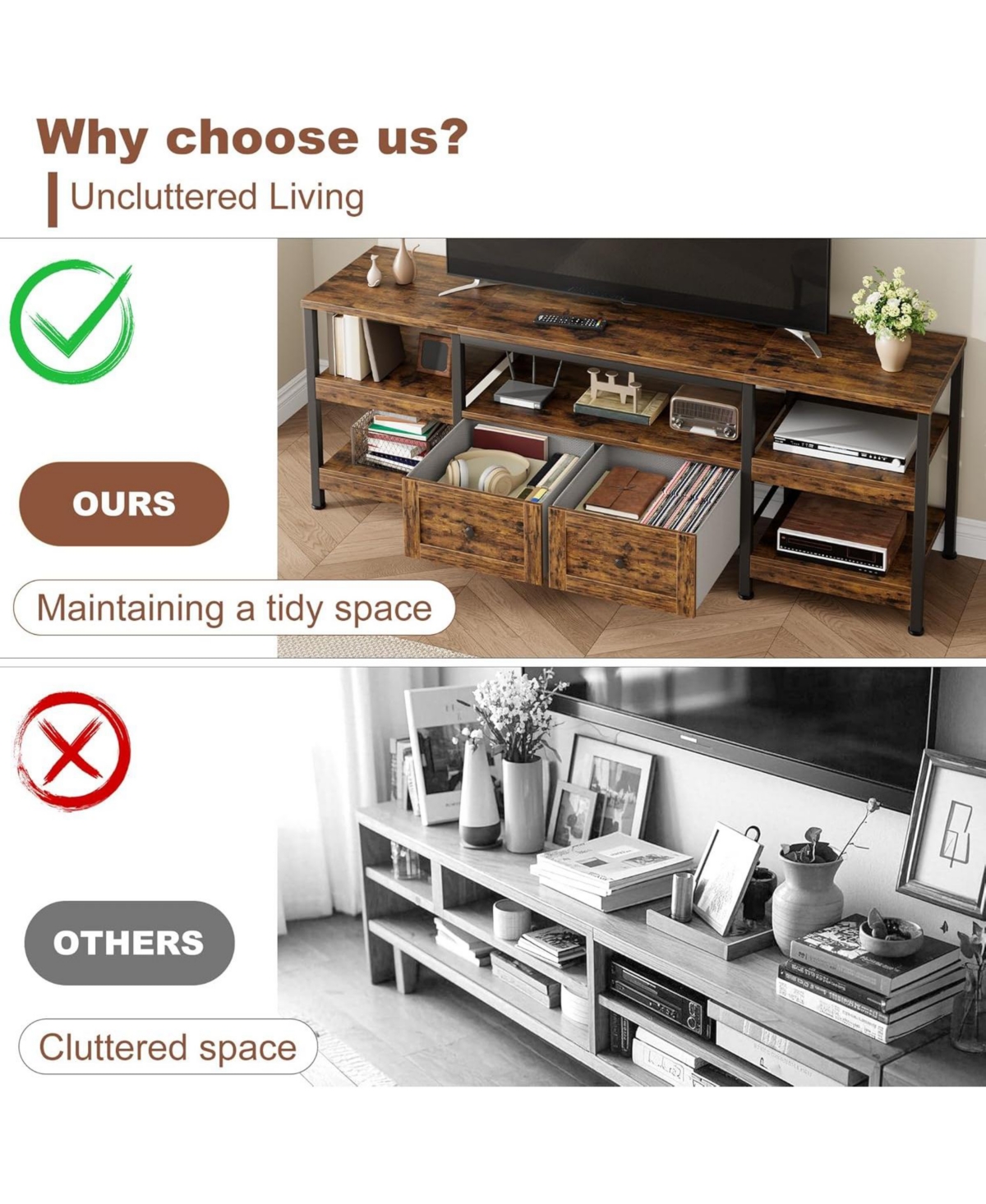 gaomon Modern-Industrial Tv Stand with 2 Fabric Drawers, Entertainment Center for TVs