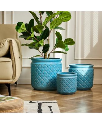 Handmade Ceramic Flowerpot Set of 3, Blue Geometric Pattern, 15/12/9 Inch Diameter