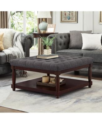Large Square Tufted Linen Ottoman Coffee Table with Solid Wood Shelf