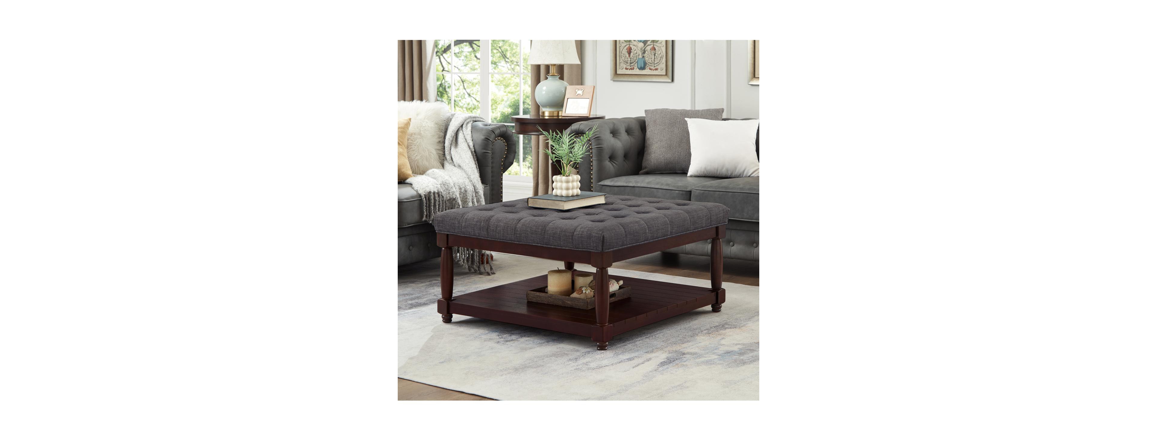 Streamdale Furniture Large Square Tufted Linen Ottoman Coffee Table with Solid Wood Shelf