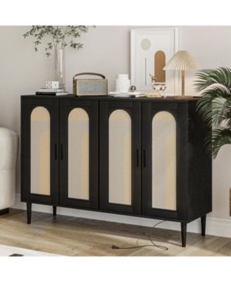 Rattan Buffet Cabinet with Storage,Sideboard Cabinet with 4 Doors and Adjustable Shelves, Console Coffee Bar with Charging Station, Boho Wood