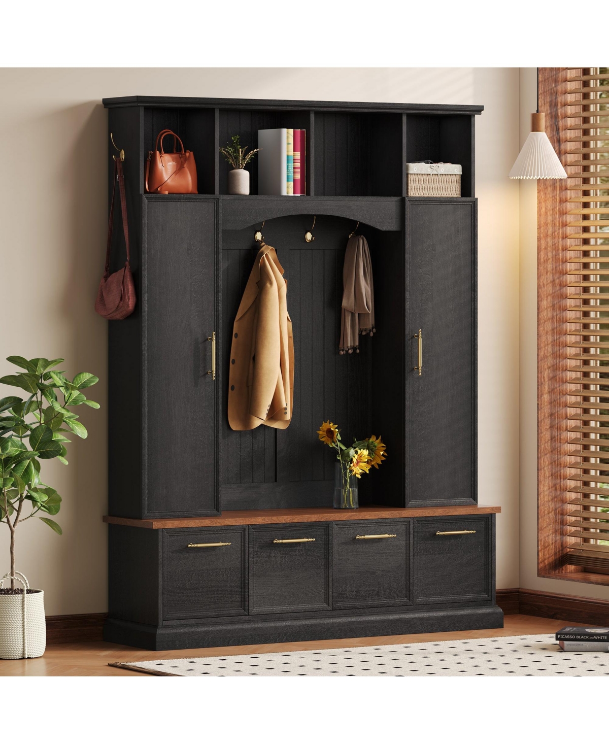 Clihome Wide Hall Tree Bench with Golden Hooks for Living Room