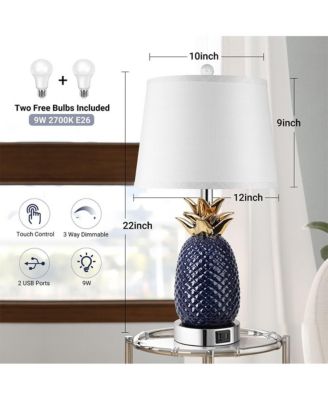 22-inch Pineapple Table Lamps Set of 2, 3 way Dimmable Ceramic Table Lamp for living room, Navy Blue Modern Table Lamp with USB Port