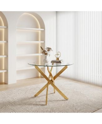 Round Dining Table, 35.5" Glass Dining Table with Gold Legs