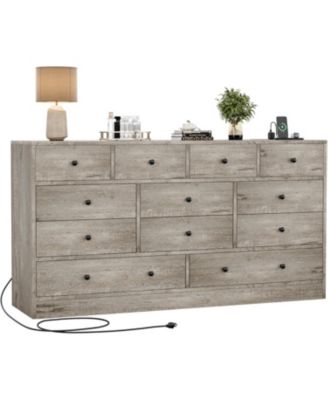  Drawer Dresser for Bedroom, 61 in Long Modern Black Dresser TV Stand with Charging Station, Large Wooden Chest Od Drawers for Nursery, Closet