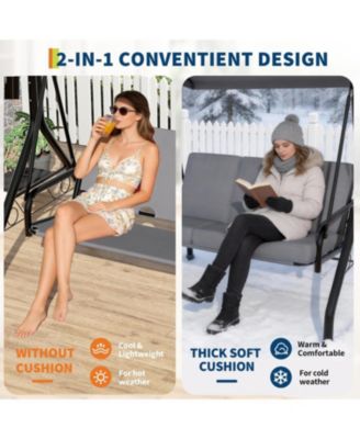 3 Seat Outdoor Porch Swing, 2-in-1 Patio Swing Chair with Thickened Removable Cushions, Adjustable Canopy   Cup Holders