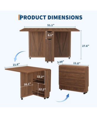 Space Saving Folding Dining Table with Storage - Kitchen Table with 6 Wheels Drawer and Shelves Compact Dining Table for Small Spaces