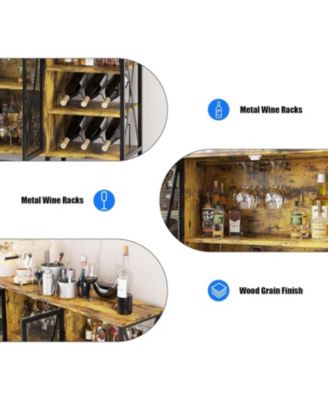 Farmhouse Wine Bar Cabinet with Wine Rack and Glass Holder Rustic Coffee Bar with Led Light Metal Sideboard and Liquor Table Cabinet