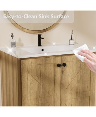 29" Antique Bathroom Vanity with Sink, Quick-Install Folding Storage, Eco MDF Matte 3D Embossed Finish, Large Capacity