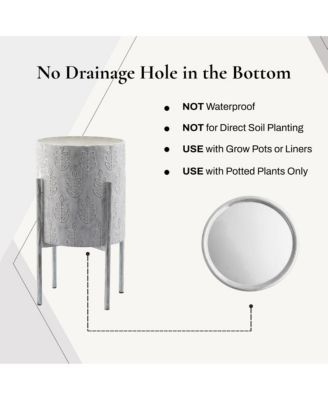 Set of 2  Leaf Embossed Metal Cachepot Planters  Stand