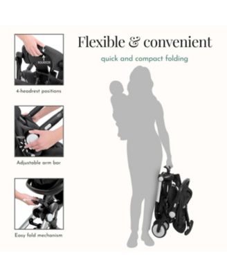Baby evolur Velo Rider stroller: lightweight for ages 6–36 months with one-hand fold, footrest, rear platform, and 5-point harness.