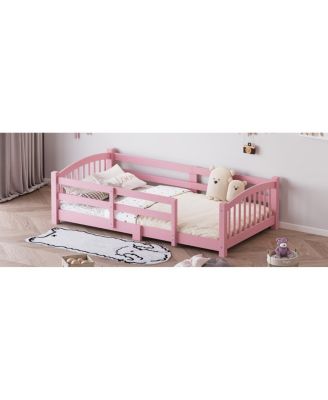Twin Montessori Floor Bed with Slats, Safety Guardrails, Solid Wood